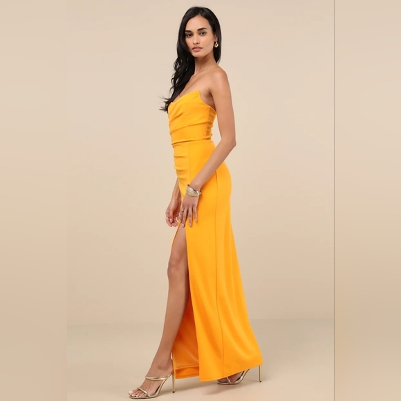 Lulus Malia Golden Yellow Ruched Strapless Maxi Dress XS Wedding Party Prom - Picture 3 of 9